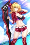  1girl absurdres belt blonde_hair blue_sky boots bow breasts cleavage clouds collarbone day eyebrows_visible_through_hair fate/extra fate_(series) hair_between_eyes hair_bow hand_in_hair highres holding holding_weapon large_breasts long_hair midriff navel nero_claudius_(fate) nero_claudius_(fate)_(all) nez-kun ocean outdoors racequeen red_bow red_footwear red_shorts short_shorts shorts signature sky smile solo standing stomach thigh-highs thigh_boots tied_hair weapon yellow_eyes 