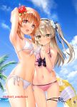  2girls :d amakusa_tobari animal_print arm_around_waist arm_behind_back arm_up armpits artist_name bandage bangs bare_arms bare_shoulders bear_print bikini black_bow black_hairband blonde_hair blue_sky blush boko_(girls_und_panzer) bow breasts brown_eyes closed_mouth clouds commentary_request cowboy_shot day eyebrows_visible_through_hair flower frilled_bikini_top front-tie_bikini front-tie_top girls_und_panzer gluteal_fold hair_flower hair_ornament hairband hand_up hibiscus innertube long_hair looking_at_viewer medium_breasts multiple_girls navel nishizumi_miho one_side_up open_mouth orange_hair palm_tree pink_bikini red_flower ribbon shimada_arisu shiny shiny_hair shiny_skin short_hair side-tie_bikini sky small_breasts smile star swimsuit thigh_gap thigh_strap tree under_boob white_bikini white_flower white_ribbon yellow_eyes 