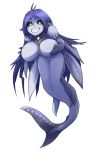  1girl black_sclera blue_hair breast_squeeze breasts fangs fins full_body grin highres large_breasts long_hair looking_at_viewer mega_milk meme mermaid mershark_(monster_girl_encyclopedia) monster_girl monster_girl_encyclopedia nanostar shark_girl simple_background smile solo teeth very_long_hair white_background yellow_eyes 