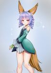  1girl animal_ears braid dog_ears dog_tail dress elin_(tera) fingerless_gloves gloves green_dress green_gloves grey_background hair_intakes hands_together highres kumehara_chiyota long_hair looking_at_viewer purple_hair short_dress simple_background solo tail tera_online thighs twin_braids twintails violet_eyes 