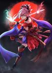  1girl absurdres asymmetrical_hair black_legwear blue_eyes breasts choker detached_sleeves dual_wielding floating_hair full_body furan_(pixiv20237436) hair_ornament highres holding holding_sword holding_weapon leg_up long_hair looking_at_viewer medium_breasts miyamoto_musashi_(fate/grand_order) pink_hair pixiv_fate/grand_order_contest_2 sideboob solo standing standing_on_one_leg sword thigh-highs weapon 