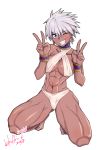  1girl 2018 ;d abs bangs bare_legs bare_shoulders barefoot blue_eyes blue_nails bracelet breasts cleavage criss-cross_halter dark_skin double_v earrings elena_(street_fighter) eyebrows_visible_through_hair full_body grin hair_between_eyes halter_top halterneck highres hoop_earrings hori_shin jewelry kneeling looking_at_viewer medium_breasts muscle muscular_female nail_polish navel neck_ring one_eye_closed open_mouth short_hair sideboob silver_hair simple_background smile solo street_fighter teeth thighs toenail_polish toenails under_boob v v-shaped_eyebrows very_short_hair white_background 