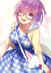  1girl :d bag black-framed_eyewear bobo_(uccello) breasts collarbone dress eyebrows_visible_through_hair fate/grand_order fate_(series) glasses hair_between_eyes handbag highres jacket looking_up mash_kyrielight medium_breasts open_clothes open_jacket open_mouth pink_hair shiny shiny_hair short_hair smile solo standing violet_eyes yellow_jacket 