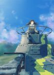  1girl arm_support asymmetrical_bangs bangs blue_sky brown_eyes brown_hair brown_jacket camouflage clouds cloudy_sky commentary girls_und_panzer ground_vehicle jacket leaning_forward long_hair long_sleeves looking_at_viewer md5_mismatch military military_uniform military_vehicle motor_vehicle nishi_kinuyo nito_(nshtntr) open_mouth riding sky solo tank type_97_chi-ha uniform wind 
