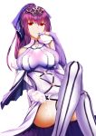  1girl absurdres bangs breasts cleavage dress fate/grand_order fate_(series) higandgk highres large_breasts legs_crossed long_hair looking_at_viewer purple_hair red_eyes scathach_(fate)_(all) scathach_(fate/grand_order) scathach_skadi_(fate/grand_order) solo thighs tiara white_background 