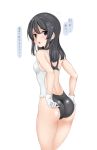  1girl ass black_eyes black_hair black_legwear breasts hair_ornament hairclip highres kantai_collection long_hair looking_at_viewer open_mouth oyashio_(kantai_collection) simple_background small_breasts solo swimsuit translated twitter_username white_background z5987 