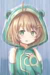  1girl antenna_hair bangs bare_shoulders blush brown_hair card_captor_sakura detached_sleeves eyebrows_visible_through_hair frog_eyes frog_raincoat green_eyes hair_between_eyes hair_ornament hairclip highres hood hood_up keiran_(ryo170) kinomoto_sakura long_sleeves outdoors parted_lips rain raincoat sleeveless sleeves_past_wrists solo 