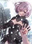  1girl armored_leotard bangs black_gloves black_leotard blood breasts cleavage command_spell commentary_request cuts elbow_gloves fate/grand_order fate_(series) fujimaru_ritsuka_(male) gloves grey_sky hair_over_one_eye hanakeda_(hanada_shiwo) hand_tattoo holding_shield injury large_breasts lavender_eyes lavender_hair leotard long_sleeves looking_at_viewer mash_kyrielight ortenaus outdoors shield short_hair smile snowing tears wind winter 