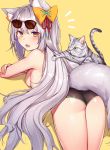  1girl absurdly_long_hair animal_ears ass blush bow breasts cat eyebrows_visible_through_hair eyewear_on_head grey_hair hair_bow highres kaerunoko long_hair looking_at_viewer medium_breasts open_mouth original sideboob simple_background solo squirrel_ears squirrel_tail standing sunglasses tail very_long_hair yellow_background yellow_bow yellow_eyes 