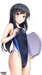  1girl alternate_costume asashio_(kantai_collection) bangs bare_arms bare_shoulders black_hair black_swimsuit collarbone commentary competition_swimsuit covered_navel cowboy_shot dated eyebrows_visible_through_hair flat_chest flying_sweatdrops from_below grey_eyes highleg highleg_swimsuit highres holding kantai_collection kickboard long_hair looking_at_viewer one-piece_swimsuit open_mouth shiny shiny_skin signature simple_background solo standing swimsuit tsuchimiya white_background 