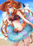  1girl abigail_williams_(fate/grand_order) bangs bare_arms bare_shoulders beach bikini black_bikini black_bow blonde_hair blue_innertube blue_sky blurry blurry_background bow brown_hat clouds commentary_request day depth_of_field fate/grand_order fate_(series) food forehead green_eyes hair_bow hair_ornament hairclip hat holding holding_food holding_innertube innertube long_hair mumu_yu_mu navel orange_bow outdoors parted_bangs polka_dot polka_dot_bow popsicle print_innertube sand sky solo standing sun_hat swimsuit transparent very_long_hair 