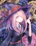  1girl hair_over_one_eye hand_up hat little_witch_academia long_hair mushroom pale_skin pink_hair red_eyes rinmmo solo standing sucy_manbavaran vial wide_sleeves witch witch_hat 