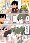  1boy 2girls ? absurdres bed black_hair blush commentary_request earrings facial_hair fang green_eyes green_hair hair_bun headphones headphones_around_neck highres igarashi_futaba_(shiromanta) jewelry kurobe_natsumi_(shiromanta) medium_hair multiple_girls senpai_ga_uzai_kouhai_no_hanashi shiromanta shirt short_hair shorts singlet sleeping smile spoken_question_mark stubble takeda_harumi_(shiromanta) yellow_eyes 