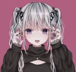  1girl bangs black_ribbon bow ear_piercing earrings eyebrows_visible_through_hair grey_hair hair_bow hair_ribbon highres jewelry long_hair looking_at_viewer nail_polish original piercing pink_background ribbon sakura_mochiko tongue tongue_out tongue_piercing twintails upper_body violet_eyes 