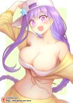  1girl :d arm_up bandeau bare_shoulders bb_(fate/extra_ccc) braid breasts chinese_commentary collarbone commentary_request eyebrows_visible_through_hair fate/grand_order fate_(series) flat_cap hat large_breasts long_hair navel nishino_(waero) open_mouth patreon_logo patreon_username revision sideways_hat simple_background smile solo star stomach upper_body very_long_hair violet_eyes white_hat 