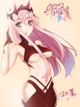  1girl bare_hips black_pants breasts character_name cowboy_shot darling_in_the_franxx eyebrows_visible_through_hair floating_hair green_eyes hair_between_eyes highres long_hair looking_at_viewer medium_breasts midriff nakoya_(nane_cat) navel open_mouth pants pink_background pink_hair simple_background solo standing stomach under_boob very_long_hair zero_two_(darling_in_the_franxx) 