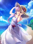  1girl :d bangs bare_arms bare_shoulders beach blue_sky blush bug_(artist) collarbone day dress hair_between_eyes hands_on_headwear hat highres lens_flare lighthouse looking_at_viewer ocean open_mouth outdoors purple_hair see-through sky smile solo straw_hat violet_eyes vocaloid voiceroid water white_dress yuzuki_yukari 