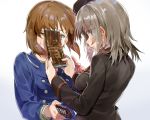  2girls bangs black_hat black_jacket blouse blue_coat blue_eyes brown_eyes brown_hair chocolate_bar closed_mouth eyebrows_visible_through_hair eyes_visible_through_hair frown garrison_cap girls_und_panzer gradient gradient_background grey_background hat hershey&#039;s hitting itsumi_erika jacket kuromorimine_military_uniform lips logo long_hair long_sleeves looking_at_another military military_hat military_uniform multiple_girls nishizumi_miho offering one_eye_closed ooarai_school_uniform sailor_collar school_uniform short_hair silver_hair standing uniform upper_body valentine veerinly white_blouse winter_uniform 