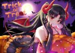  1girl :q bat black_gloves black_hair collarbone demon_tail demon_wings dress elbow_gloves fate/grand_order fate/stay_night fate_(series) floating_hair full_moon gloves halloween halloween_costume horns ishtar_(fate/grand_order) kelinch1 layered_dress long_dress long_hair looking_at_viewer moon red_eyes red_wings sleeveless sleeveless_dress smile solo tail tohsaka_rin tongue tongue_out toosaka_rin trick_or_treat twintails type-moon ufotable very_long_hair wings 