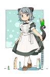  1girl akai_sashimi apron bangs black_dress black_ribbon border brown_footwear bubble cherry closed_mouth collared_dress cup dress drink drinking_glass drinking_straw expressionless eyebrows food frilled_apron frills fruit full_body grey_eyes grey_hair hair_ornament hair_ribbon highres ice_cream ice_cream_float loafers looking_at_viewer maid maid_apron melon_soda original outside_border pocket puddle puffy_short_sleeves puffy_sleeves ribbon shoes short_hair short_sleeves skirt_hold sleeve_cuffs swept_bangs tareme tassel tentacle walking white_apron white_legwear white_ribbon 