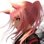 1girl animal_ears crying floating_hair fox_ears from_side green_eyes hair_over_shoulder highres kisui_(user_wswf3235) lipstick long_hair makeup original parted_lips pink_hair ponytail portrait red_lips solo tears white_background 