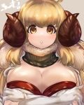  1girl anila_(granblue_fantasy) blonde_hair breasts brown_background cleavage commentary_request draph eyebrows_visible_through_hair fur_trim gloves granblue_fantasy highres horns large_breasts long_hair looking_at_viewer maou_(maoudaisukiya) sheep_horns simple_background solo upper_body white_gloves yellow_eyes 