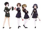  4girls :d absurdres belt black_dress black_eyes black_footwear black_hair black_ribbon brown_eyes brown_hair brown_hat brown_jacket brown_skirt chains chouno_ami dress full_body girls_und_panzer glasses hair_ribbon hand_on_hip hat hat_removed headwear_removed highres holding inatomi_hibiki jacket loafers looking_at_viewer looking_back military military_uniform multiple_girls official_art open_mouth outstretched_arm pantyhose pencil_skirt ponytail ribbon sasagawa_kanon shiny shiny_hair shoes short_dress short_hair skirt smile standing standing_on_one_leg takashima_remi uniform white_legwear yoshida_nobuyoshi 