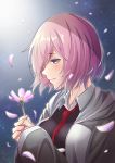  1girl absurdres black_shirt blush eyebrows_visible_through_hair fate/grand_order fate_(series) floating_hair flower furan_(pixiv20237436) grey_jacket hands_clasped highres holding holding_flower hood hooded_jacket jacket mash_kyrielight necktie open_clothes open_jacket own_hands_together petals pink_flower pink_hair red_neckwear shirt short_hair solo upper_body violet_eyes 