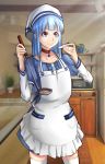  1girl absurdres apron blue_eyes blue_hair brown_choker choker gem hat highres indoors ladle long_hair looking_at_viewer microwave original photo_background plant potted_plant sidelocks sketch smile solo wengcang_hefeng white_hat white_legwear wooden_floor 