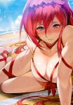  1girl absurdres arm_ribbon barefoot beach bikini blue_eyes blush breasts choker cleavage collarbone day dutch_angle front-tie_bikini front-tie_top godguard_brodia granblue_fantasy hair_between_eyes hairband highres horizon kakage large_breasts leg_ribbon light_particles long_hair looking_at_viewer outdoors red_ribbon redhead ribbon ribbon_choker scan sidelocks sitting smile solo sweat swimsuit thigh_ribbon very_long_hair white_bikini 