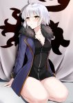  1girl absurdres ahoge arms_behind_back black_dress blue_jacket blush breasts cleavage closed_mouth collarbone commentary_request dress fate/apocrypha fate/grand_order fate_(series) flag_background fur_trim highres jacket jeanne_d&#039;arc_(alter)_(fate) jeanne_d&#039;arc_(fate)_(all) large_breasts long_sleeves open_clothes open_jacket silver_hair solo squatting xiao_bing_qiaokeli yellow_eyes 