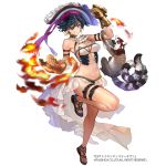  1girl arm_belt black_hair blue_eyes bra breasts cleavage copyright_request earrings eyepatch fire full_body gauntlets hand_up hat hat_ribbon jewelry lemur medium_breasts navel official_art okishiji_en purple_ribbon ribbon sandals short_hair solo standing standing_on_one_leg underwear watermark white_background white_bra white_neckwear 