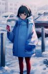  1girl :o absurdres animal_ears bangs black_hair blue_coat blue_eyes blunt_bangs blush breath car cellphone coat commentary_request day drawstring fami_(yellow_skies) feet_out_of_frame footprints ground_vehicle hand_in_pocket highres holding holding_phone hooded_coat long_sleeves looking_at_viewer motor_vehicle open_mouth original outdoors pantyhose phone purple_legwear short_hair smartphone snow solo standing town winter winter_clothes winter_coat 