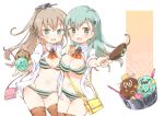  2girls aqua_eyes aqua_hair bag bikini blush breasts brown_hair brown_legwear eyebrows_visible_through_hair food green_eyes hair_ornament hairclip highres ice_cream kantai_collection kumano_(kantai_collection) long_hair medium_breasts multiple_girls nail_polish open_clothes open_mouth shirt small_breasts sodapop_(iemaki) suzuya_(kantai_collection) swimsuit thigh-highs white_shirt 