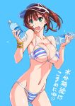  1girl bikini blue_background bottle breasts brown_hair commentary_request green_eyes hair_ornament hairclip highres looking_at_viewer open_mouth simple_background striped striped_bikini suzutsuki_kurara swimsuit 