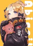  1girl abigail_williams_(fate/grand_order) bangs black_bow black_jacket blonde_hair blue_eyes bow character_name commentary_request crossed_bandaids eyebrows_visible_through_hair fate/grand_order fate_(series) hair_bow hair_bun hand_up holding holding_stuffed_animal jacket long_hair long_sleeves looking_at_viewer nekomiya_noru_(yuduki710) orange_background orange_bow parted_bangs parted_lips polka_dot polka_dot_bow sleeves_past_fingers sleeves_past_wrists solo stuffed_animal stuffed_toy teddy_bear 