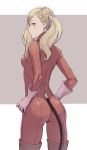  1girl ass blonde_hair blue_eyes blush bodysuit breasts cheshirrr closed_mouth cowboy_shot earrings fake_tail from_behind gloves hands_on_hips highres jewelry long_hair looking_at_viewer mask mask_removed medium_breasts persona persona_5 pink_gloves red_bodysuit red_legwear standing stud_earrings tail takamaki_anne twintails 