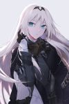  1girl an-94_(girls_frontline) bangs black_gloves blonde_hair blue_eyes braid breasts cloak closed_mouth expressionless eyebrows_visible_through_hair floating_hair gas_mask girls_frontline gloves grey_background hair_between_eyes hair_ribbon hairband hand_up highres jacket long_hair long_sleeves looking_at_viewer medium_breasts qb_516 ribbon sidelocks simple_background solo strap tactical_clothes upper_body very_long_hair 