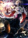  1girl blonde_hair blue_eyes bow breasts cleavage clouds copyright_name crown drill_hair feathered_wings feathers highres legend_of_the_cryptids long_hair nail_polish official_art parasol seunghee_lee sky umbrella wand wings 