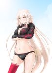  1girl asymmetrical_clothes bikini black_bikini black_jacket blonde_hair blush breasts choker cleavage crossed_arms diesel-turbo eyebrows_visible_through_hair fate/grand_order fate_(series) gloves gradient gradient_background jacket jeanne_d&#039;arc_(alter_swimsuit_berserker) jeanne_d&#039;arc_(fate)_(all) large_breasts long_hair looking_at_viewer o-ring single_glove single_thighhigh smile solo standing swimsuit thigh-highs yellow_eyes 