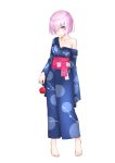  1girl barefoot blue_kimono breasts cleavage collarbone fate/grand_order fate_(series) hair_over_one_eye highres holding japanese_clothes jilu kimono looking_at_viewer mash_kyrielight medium_breasts obi off_shoulder pink_hair sash short_hair simple_background smile solo standing violet_eyes white_background 