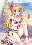  1girl :d absurdres bangs bare_shoulders barefoot beach beach_towel bikini blonde_hair blue_bow blue_eyes blue_sky blush bottle bow breasts cleavage clouds cloudy_sky collarbone commentary_request day eyebrows_visible_through_hair fingernails flower hair_between_eyes hair_flower hair_ornament hairclip highres holding holding_bottle horizon kouta. large_breasts long_hair looking_at_viewer lotion mountain ocean open_mouth original outdoors palm_tree plaid plaid_bikini purple_bikini red_flower sand sandals shoes_removed side-tie_bikini sidelocks sitting sky smile solo star star_hair_ornament summer sunscreen swimsuit towel transparent tree very_long_hair water white_flower 