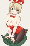  1girl animal_ears arm_support bangs black_legwear blonde_hair blue_eyes bow bowtie braid breasts bunny_tail bunnysuit cleavage closed_mouth commentary_request cowboy_shot darjeeling detached_collar eyebrows_visible_through_hair fake_animal_ears fake_tail girls_und_panzer grey_background head_tilt leaning_forward leotard looking_at_viewer medium_breasts pantyhose rabbit_ears red_leotard red_neckwear short_hair simple_background sitting smile solo standing strapless strapless_leotard tail tank_cupola tied_hair twin_braids uona_telepin wing_collar wrist_cuffs 