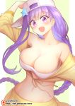  1girl :d arm_up bandeau bare_shoulders bb_(fate/extra_ccc) braid breasts chinese_commentary collarbone commentary_request eyebrows_visible_through_hair fate/grand_order fate_(series) flat_cap hat large_breasts long_hair navel open_mouth patreon_logo patreon_username purple_hair revision sideways_hat simple_background smile solo star stomach upper_body very_long_hair violet_eyes waero white_hat 