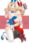  2girls :d american_flag american_flag_print animal_ears ass bangs black_legwear blonde_hair blue_eyes blue_footwear blue_leotard blue_neckwear bow bowtie braid breasts bunny_tail bunnysuit cleavage commentary_request cover cover_page cup darjeeling detached_collar doujin_cover drinking_straw english eyebrows_visible_through_hair fake_animal_ears fake_tail flag_print girls_und_panzer hair_intakes high_heels holding holding_cup kneeling large_breasts legs leotard long_hair looking_at_viewer looking_back medium_breasts multiple_girls open_mouth pantyhose parted_lips rabbit_ears red_footwear red_leotard short_hair side-tie_leotard skindentation smile straddling strapless strapless_leotard tail thigh-highs tied_hair twin_braids union_jack uona_telepin v white_collar white_legwear wing_collar wrist_cuffs 