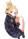  1girl :o abigail_williams_(fate/grand_order) bangs black_bow black_jacket blonde_hair blue_eyes blush bow commentary crossed_bandaids fate/grand_order fate_(series) hair_bow hair_bun highres holding holding_stuffed_animal jacket long_hair long_sleeves looking_at_viewer looking_back orange_bow parted_bangs parted_lips polka_dot polka_dot_bow red_footwear shoe_soles shoes sitting sleeves_past_wrists solo sparkle stuffed_animal stuffed_toy teddy_bear white_background yutsuki_(pixiv4894196) 