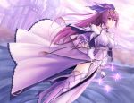  1girl bk201 boots breasts breasts_apart dress dutch_angle fate/grand_order fate_(series) floating_hair hair_between_eyes hair_ornament high_heel_boots high_heels high_ponytail holding holding_wand large_breasts long_hair purple_footwear purple_hair red_eyes scathach_(fate)_(all) scathach_skadi_(fate/grand_order) solo standing thigh-highs thigh_boots very_long_hair wand white_dress 