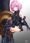  1girl armor armored_boots artist_name bare_shoulders black_footwear black_legwear blush boots breasts elbow_gloves fate/grand_order fate_(series) gloves highres holding_shield invisible_chair looking_at_viewer mash_kyrielight one_eye_covered open_hand parted_lips petals purple_gloves purple_hair shield short_hair simple_background sitting solo thigh-highs thigh_strap thighs violet_eyes yuito_(yuitokobunasbs0) 