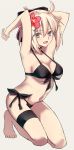  1girl :d absurdres ahoge armpits arms_up barefoot bikini black_bikini black_bow blonde_hair bow breasts brown_eyes choker cleavage collarbone eyebrows_visible_through_hair fate/grand_order fate_(series) flower full_body grey_background groin hair_between_eyes hair_bow hair_flower hair_ornament hibiscus highres kneeling long_hair looking_at_viewer medium_breasts navel okita_souji_(fate) okita_souji_(fate)_(all) open_mouth red_flower sideboob simple_background smile solo swimsuit thigh_strap under_boob yuchio 