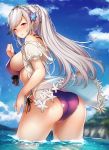  1girl azur_lane bangs bikini blush breasts choker cleavage commentary_request dunkerque_(azur_lane) eyebrows_visible_through_hair from_behind grey_hair hair_ornament hairband highres large_breasts long_hair looking_at_viewer outdoors pink_eyes ponytail purple_bikini sidelocks solo swimsuit thighs tobimura wading 
